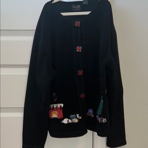 Women's Festive Ugly Christmas Sweater- Present Buttons, Fireplace, Dog, Cat